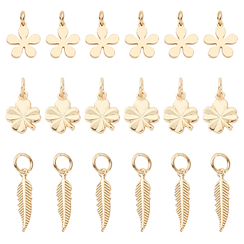 CHGCRAFT 30Pcs 3 Style Brass Pendants, Clover & Flower & Leaf, Real 18K Gold Plated, 11x9x1mm, Hole: 3mm