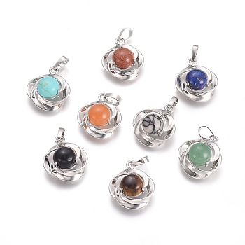 Natural & Synthetic Mixed Gemstone Pendants, with Platinum Tone Brass Findings, Flower, 24x19.4x9.8mm, Hole: 6x3.5mm