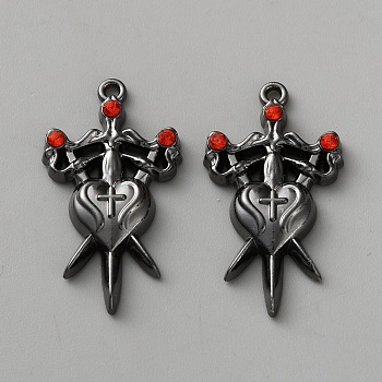 Alloy Rhinestone Pendants, Heart Themes, Gunmetal, Ruby, 35x19x4.5mm, Hole: 1.8mm