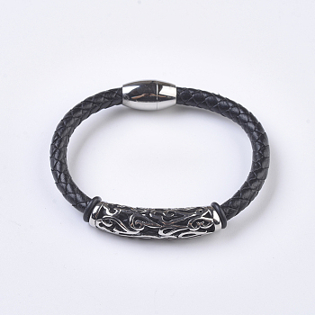 Men's Braided Leather Cord Bracelets, with 304 Stainless Steel Findings and Magnetic Clasps, Tube, Black, 7-5/8 inch(195mm)