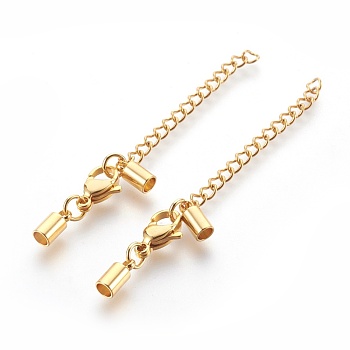 304 Stainless Steel Chain Extender, Lobster Claw Clasps for Jewelry Making, Golden, 33mm, Hole: 3mm, Cord End: 8.5x4mm, Clasp: 7x12mm, Extension Chain: 45mm, Jump Ring: 5x1mm