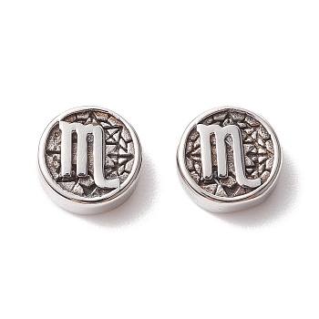 304 Stainless Steel Beads, Flat Round with Twelve Constellations, Antique Silver, Scorpio, 10x4mm, Hole: 1.8mm