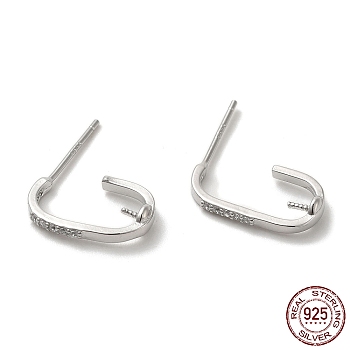 Rhodium Plated Oval 925 Sterling Silver Micro Pave Cubic Zirconia Stud Earing Findings, Half Hoop Earring Findings for Half Drilled Beads, with S925 Stamp, Real Platinum Plated, 14x1.5mm, Pin: 0.9mm and 11x0.9mm
