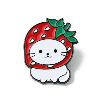 Black Alloy Brooches, Cat Shape with Strawberry Enamel Pins, for Backpack Clothes, White, 29.5x24x1.5mm