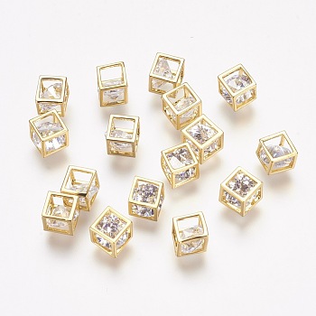 Brass Cubic Zirconia Charms, Cube, Real 18K Gold Plated, 4.5x4.5x4.5mm