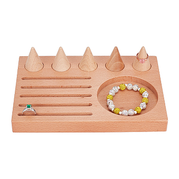 Wood Finger Ring Display Stands, Ring Organizer Tray, Rectangle with 5Pcs Cones, BurlyWood, 22x15.2x5.9cm
