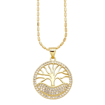 Brass Micro Pave Cubic Zirconia Pendant Nrcklaces, Tree of Life, Clear, 16.54 inch(42cm)