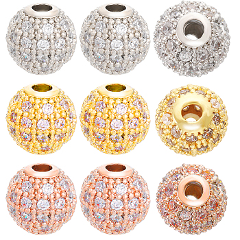 Beebeecraft 12Pcs 3 Colors Rack Plating Brass Cubic Zirconia Beads, Long-Lasting Plated, Round, Mixed Color, 8x7mm, Hole: 2mm, 4pcs/color