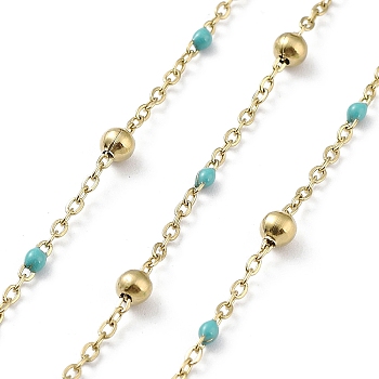 Ion Plating(IP) 304 Stainless Steel Cable Chain, with Enamel, Soldered, Turquoise, Beads: 3.5~3.6x3.5mm, Link: 5x2x2mm and 2x1.5x0.3mm