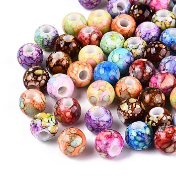 Printed Opaque Acrylic European Beads, Round, Large Hole Bead, Mixed Color, 13.5~14mm, Hole: 5mm, about 384pcs/500g