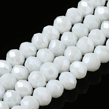 Electroplate Glass Beads Strands, Pearl Luster Plated, Faceted, Rondelle, White, 10x8mm, Hole: 1mm, about 63~65pcs/strand, 49~50cm