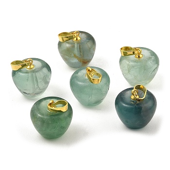 Natural Green Fluorite Teacher Apple Charms, with Golden Plated Brass Snap on Bails, 14.5x14mm, Hole: 6.5x4mm