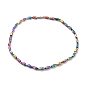 Synthetic Hematite Twist Rectangle & Round Beaded Necklace with Magnetic Clasp for Men Women, Rainbow Color, 20.39 inch(51.8cm)