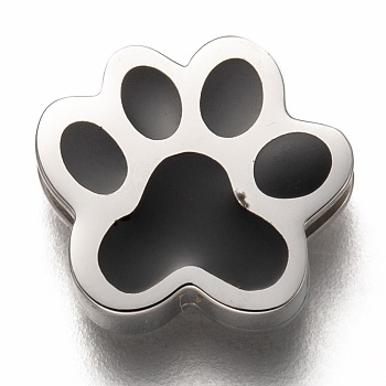 304 Stainless Steel Slide Charms, Enamel Style, Paw Print, Black, Stainless Steel Color, 13x12x3.5mm, Hole: 8x1.5mm