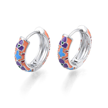 Colorful Enamel Flower Hoop Earrings, Brass Jewelry for Women, Nickel Free, Real Platinum Plated, 18x20x5.5mm, Pin: 1mm