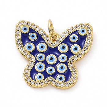 Brass Micro Pave Clear Cubic Zirconia Pendants, Real 18K Gold Plated, with Enamel and Jump Ring, Butterfly with Evil Eye Charms, Blue, 17x19x2mm, Jump Ring: 5x0.8mm, Inner Diameter: 3.2mm
