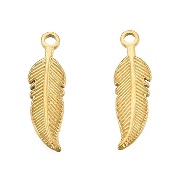 Ion Plating(IP) 201 Stainless Steel Pendants, Feather, Real 18K Gold Plated, 27x8x1.5mm, Hole: 2mm