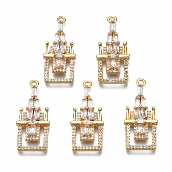 Brass Micro Pave Clear Cubic Zirconia Pendants, Nickel Free, Castle, Real 18K Gold Plated, 28x12x5mm, Hole: 1.4mm