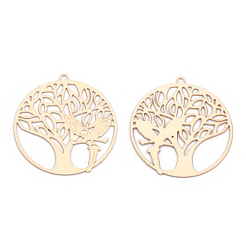 Rack Plating Brass Filigree Pendants, Long-Lasting Plated, Flat Round with Tree of Life & Angel, Nickel Free, Light Gold, 32x30x0.4mm, Hole: 1.5mm