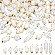 ABS Imitation Pearl Acrylic Pendant, with Brass Findings, Mixed Shapes, Floral White, 16~29x8~10.5x7~8mm, Hole: 2.3~3mm, 5style, 20pcs/style, 100pcs/set(PALLOY-PH01626)