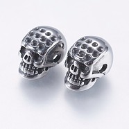 304 Stainless Steel Beads Rhinestone Settings, Skull, Antique Silver, 12x7.5x9mm, Hole: 2mm(STAS-I097-057AS)