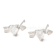 Heart with Arrow Platinum Brass Stud Earrings, with Clear Cubic Zirconia, Long-Lasting Plated, Lead Free & Cadmium Free, Clear, 6x13mm(EJEW-L270-06P-05)