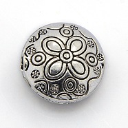 Tibetan Style Alloy Beads, Flat Round with Flower Pattern, Antique Silver, 18x10mm, Hole: 3mm(PALLOY-J377-38AS)