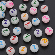 Acrylic Beads, Glow in the Dark, with Enamel and Luminous, Horizontal Hole, Flat Round with Alphabet, Letter.Z, 6.5x7x4mm, Hole: 1.6mm, about 3600pcs/500g(MACR-N008-58Z)
