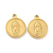 PVD Vacuum Plating 304 Stainless Steel Pendants, Flat Round with Holy Virgin Charms, Real 18K Gold Plated, 18x15x3mm, Hole: 1.6mm(STAS-L278-042G)