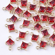 Transparent Glass Links connectors, with Brass Findings, Faceted, Rhombus, Light Gold, Red, 11x7x4mm, Hole: 1mm, Side Length: 5mm(X-GLAA-T007-14D)
