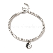 304 Stainless Steel Flat Round with Yin Yang Charm Bracelet with Enamel, 201 Stainless Steel Round Beads Bracelet for Women, Stainless Steel Color, 8-3/4 inch(22.1cm)(BJEW-B057-02P)