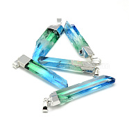 Natural Quartz Crystal Pointed Pendants, with Iron Findings, Plated Platinum, Nuggets, Dyed, Deep Sky Blue, 42~55x9~15x8~11mm, Hole: 6x3.5mm(G-S265-08B)