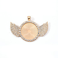 Alloy Pendant Cabochon Settings, with Crystal Rhinestone, Cadmium Free & Lead Free, Flat Round with Wing, Light Gold, Tray: 30mm, 46x68x4mm, Hole: 5.5x3.5mm(PALLOY-S107-003A-KC-RS)