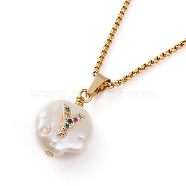 Natural Pearl Initial Pendant Necklaces, with Brass Micro Pave Cubic Zirconia Cabochons and 304 Stainless Steel Box Chains, Flat Round, Golden, Colorful, Letter.Y, Pendants: 18.5x12.5x8.5mm, 16.14 inch(41cm)(NJEW-JN03297-05)