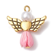 Resin Imitation Pearl Pendants, Rose Angel Charms with Antique Golden Plated Alloy Heart Wings, Pearl Pink, 23.5~24x22x6.5mm, Hole: 1.8~2.2mm(PALLOY-JF02565-09)