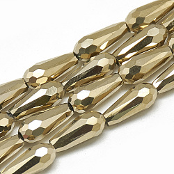 Electroplate Glass Beads Strands, Faceted Teardrop, Gold, 9~9.5x4mm, Hole: 1mm, about 72pcs/strand, 25.98 inch(X-EGLA-Q099-D02)