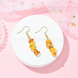 Natural Amber Chip Dangle Earrings, with 304 Stainless Steel Earring Hooks, Golden, 46.5~47.5x10~10.5mm(EJEW-JE07018)