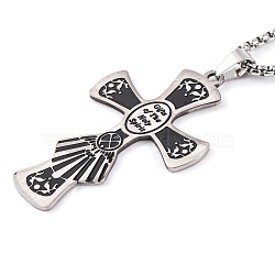 Cross 201 Stainless Steel Pendant Necklaces, with Enamel, Box Chains, Black, 23.46 inch(59.6cm)(NJEW-F320-05P)