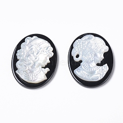Natural Black Agate Cameo Cabochons, with Shell, Oval with Women Portrait, White, 30x22x4~4.5mm(G-L556-C)