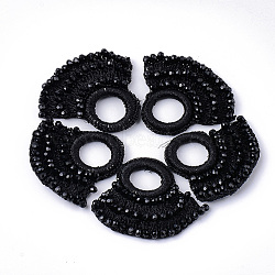 Glass Woven Pendants, Polyester Thread Covered with CCB Plastic Findings, Faceted, Fan, Black, 46~51x54~59x5mm, Hole: 16.5mm(FIND-T039-02D)