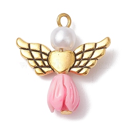 Resin Imitation Pearl Pendants, Rose Angel Charms with Antique Golden Plated Alloy Heart Wings, Pearl Pink, 23.5~24x22x6.5mm, Hole: 1.8~2.2mm(PALLOY-JF02565-09)