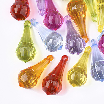 Transparent Acrylic Pendants, Faceted, teardrop, Mixed Color, 38.5x17x17mm, Hole: 3mm