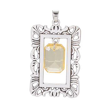 Antique Silver Plated Alloy Pendants, with Glass, Rectangle, Champagne Yellow, 48.5x30.5x7.5mm, Hole: 4.5x6.5mm