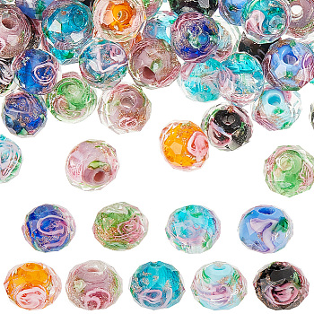 Elite 90Pcs 9 Colors Handmade Gold Sand Lampwork Beads, Inner Flower, Faceted Rondelle, Mixed Color, 8x6mm, Hole: 2mm, 10pcs/color