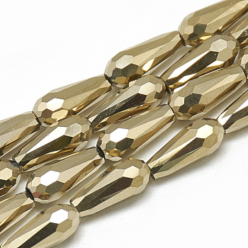 Electroplate Glass Beads Strands, Faceted Teardrop, Gold, 9~9.5x4mm, Hole: 1mm, about 72pcs/strand, 25.98 inch