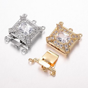 Brass Cubic Zirconia Box Clasps, Cadmium Free & Nickel Free & Lead Free, Rectangle, Mixed Color, 25x21.5x7mm, Hole: 1.5 & 2.5mm