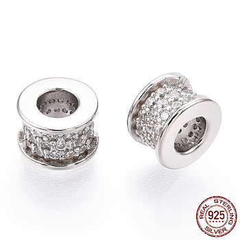 Rhodium Plated 925 Sterling Silver Micro Pave Cubic Zirconia Beads, Column, Nickel Free, Real Platinum Plated, 6.5x4.5mm, Hole: 3mm