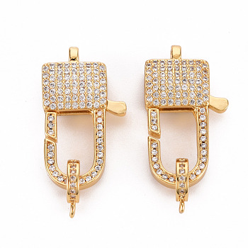 Brass Micro Pave Clear Cubic Zirconia Lobster Claw Clasps,  Cadmium Free & Nickel Free & Lead Free, Rectangle, Real 16K Gold Plated, 26.5x14.5x5.5mm, Hole: 1.5x2mm, Tube Bails, 10x7.5x2mm, hole: 1.4mm