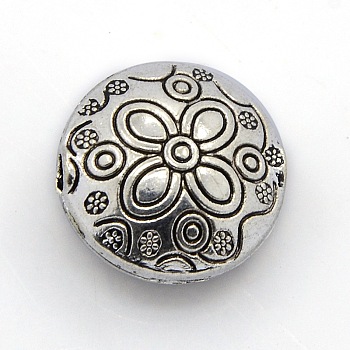 Tibetan Style Alloy Beads, Flat Round with Flower Pattern, Antique Silver, 18x10mm, Hole: 3mm