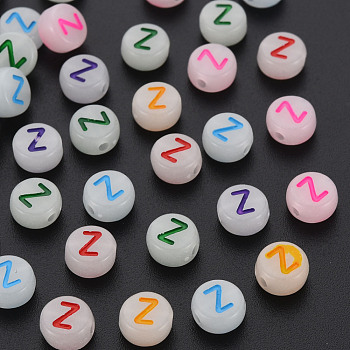 Acrylic Beads, Glow in the Dark, with Enamel and Luminous, Horizontal Hole, Flat Round with Alphabet, Letter.Z, 6.5x7x4mm, Hole: 1.6mm, about 3600pcs/500g